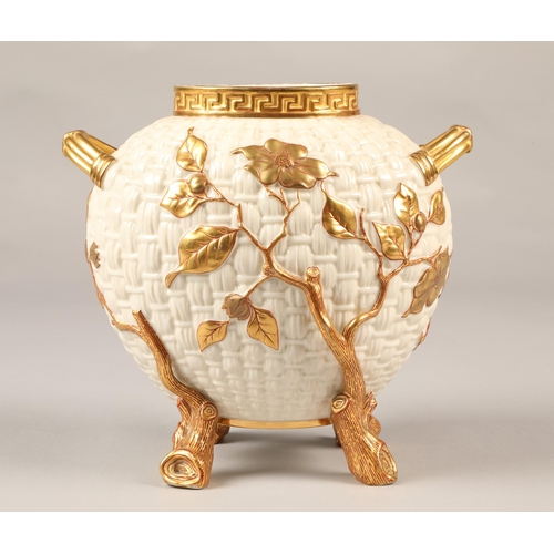 28 - Royal Worcester cream and gilt weaved basket vase, 21cm high.