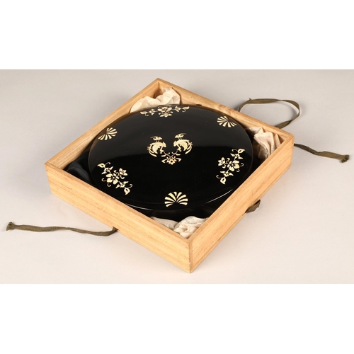 198 - Japanese lacquered round writing box with mother of pearl inlay, interior with quill rest and bottle... 