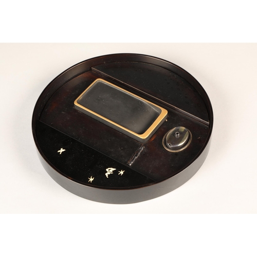 198 - Japanese lacquered round writing box with mother of pearl inlay, interior with quill rest and bottle... 