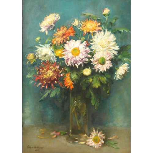 433 - Andrew Law (Scottish 1873 - 1967)Swept framed oil on canvas - signed'Mixed Dahlias in a Stemmed Glas... 