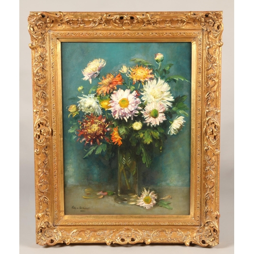 433 - Andrew Law (Scottish 1873 - 1967)Swept framed oil on canvas - signed'Mixed Dahlias in a Stemmed Glas... 