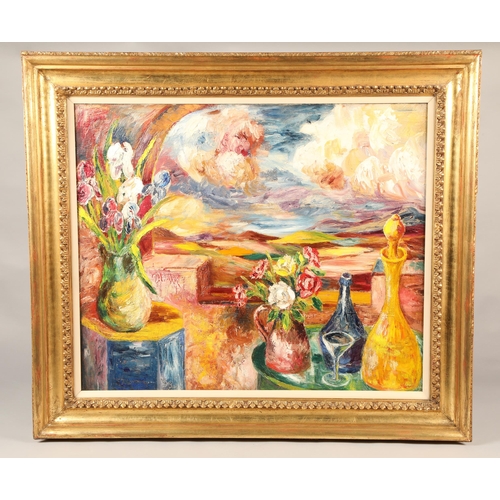 434 - Donald Bain (New Scottish Group, 1904 - 1979)Framed oil on canvas - signed'Busy Still Life to an Ope... 