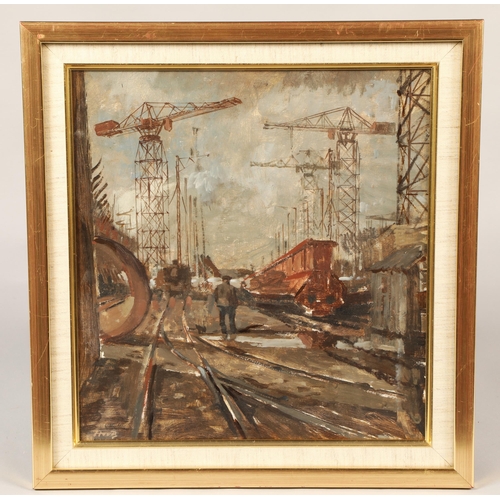 444 - Ernest Burnett Hood (Glasgow 1932 - 1988)Framed oil - signed'Shipbuilders'35cm x 33cmExhibition labe... 