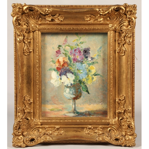 452 - Frances Crawshaw R.B.S.A. (Born 1876)Gilt framed oil on board - signed'Pansies'24cm x 19cmOld exhibi... 