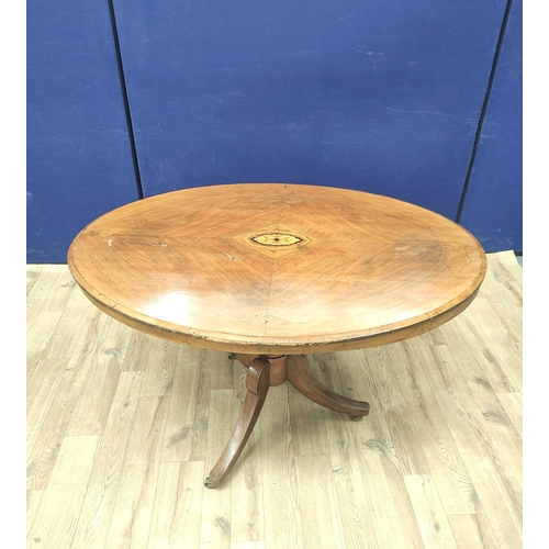 482 - Victorian walnut centre table with marquetry inlaid panel to the oval top, on turned column and trip... 