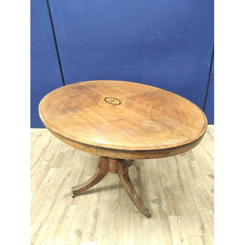 482 - Victorian walnut centre table with marquetry inlaid panel to the oval top, on turned column and trip... 