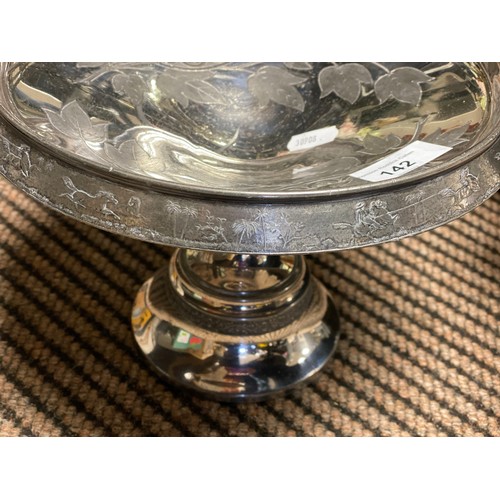 142 - Ornate silver plated cake basket with handle and raised base