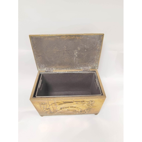 396 - Arts & Crafts brass log box decorated with embossed panel of a dragon, applied strapwork and han... 