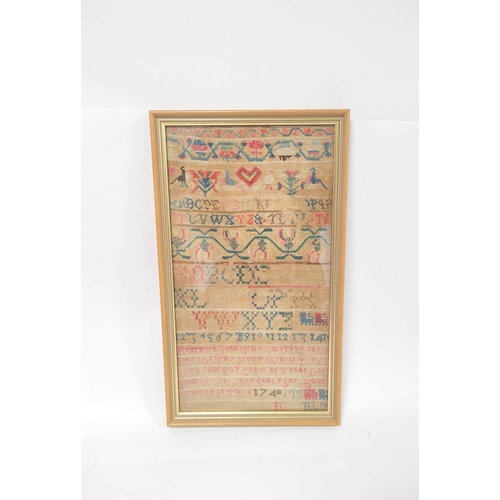 297 - George II alphabet needlepoint sampler worked by Lydia Lowry 1740, 38cm x 20cm, later framed and gla... 