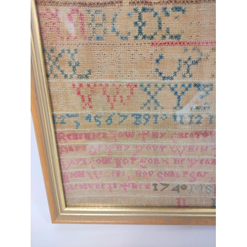 297 - George II alphabet needlepoint sampler worked by Lydia Lowry 1740, 38cm x 20cm, later framed and gla... 