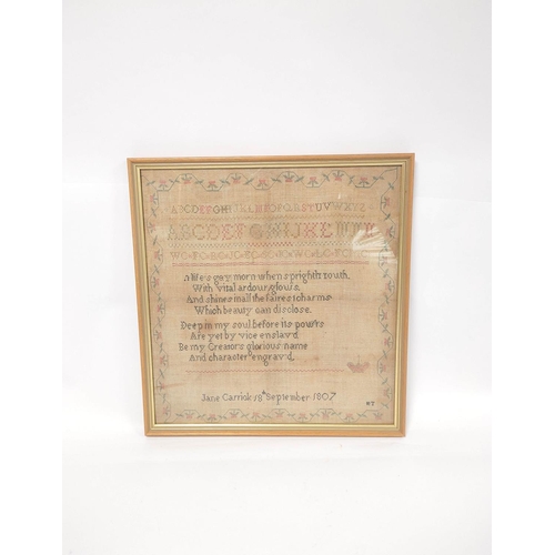 298 - Regency needlepoint alphabet sampler worked by Jane Carrick 18th September 1807, above a hymn, 42.5c... 