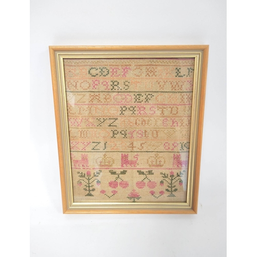 299 - 19th century needlepoint alphabet sampler worked by Rebecca Calvert, 23.5cm x 19cm, later framed and... 