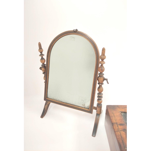 384 - 19th century apprentice mahogany and boxwood strung toilet mirror, 30cm high, with a 19th century ro... 