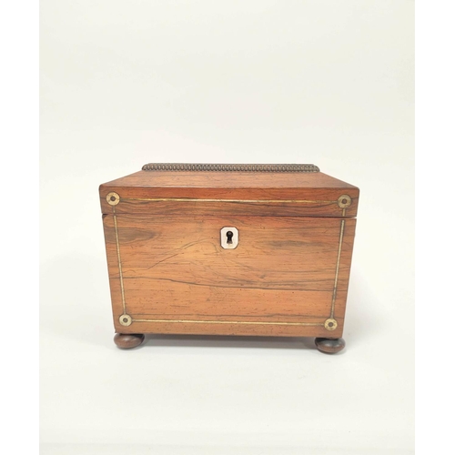 385 - Early 19th century rosewood tea caddy, with mother of pearl inlay and escutcheon, enclosing twin cov... 