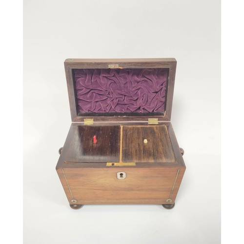 385 - Early 19th century rosewood tea caddy, with mother of pearl inlay and escutcheon, enclosing twin cov... 