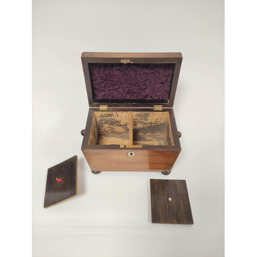 385 - Early 19th century rosewood tea caddy, with mother of pearl inlay and escutcheon, enclosing twin cov... 