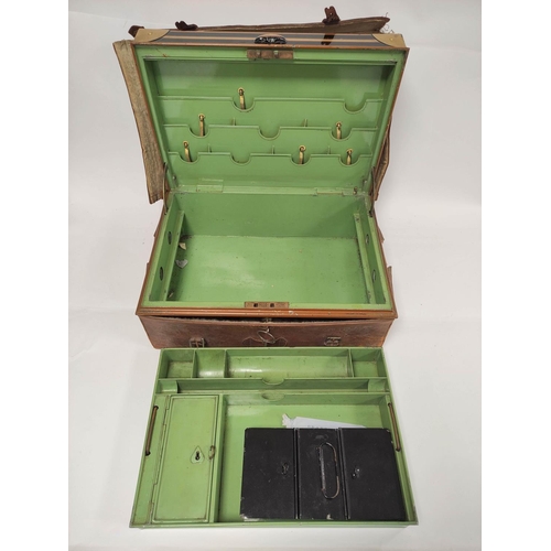 390 - Large Victorian steel document / cash strong box, enclosing a fitted green painted interior, with ke... 