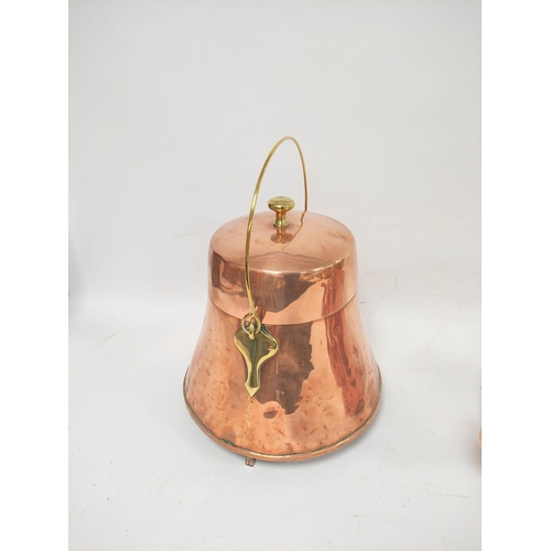 391 - Antique Dutch style copper and brass milk pail of helmet form with detachable lid and swing brass ha... 