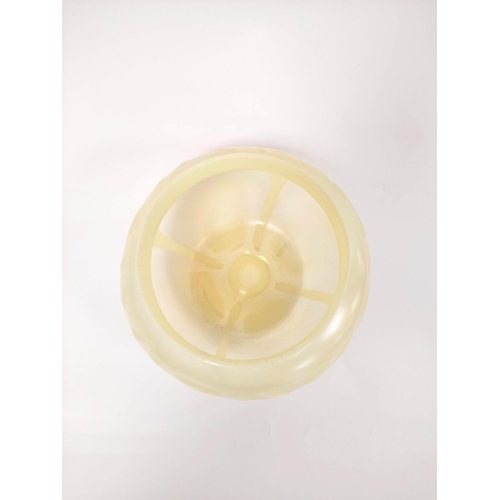 411 - Art Nouveau vaseline glass bowl impressed with raised stylised motifs, 14cm high.