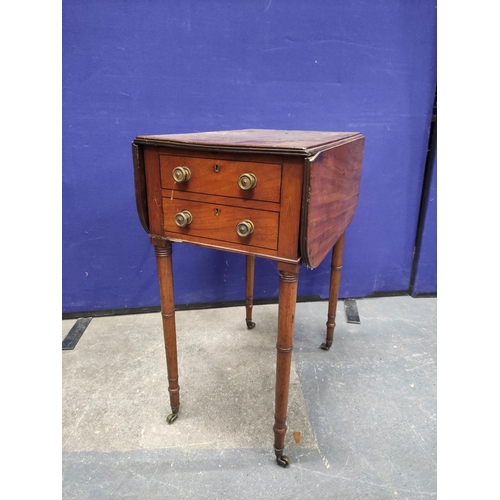 454 - Early 19th century small drop leaf table with two real and two false drawers upon tapering ring turn... 