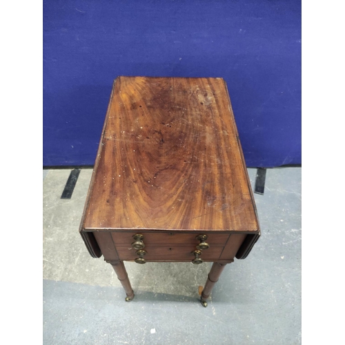 454 - Early 19th century small drop leaf table with two real and two false drawers upon tapering ring turn... 