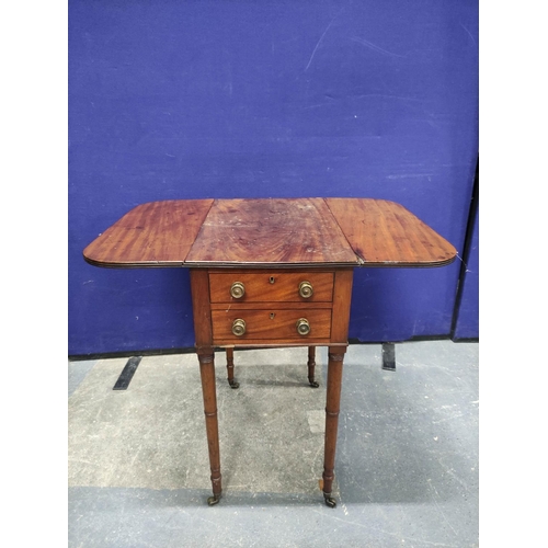 454 - Early 19th century small drop leaf table with two real and two false drawers upon tapering ring turn... 