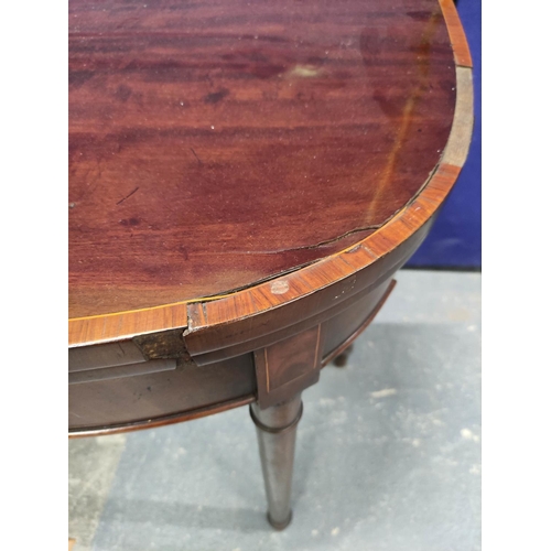 456 - Early 19th century mahogany card table of almost semi-circular shape with tulipwood crossbanding upo... 