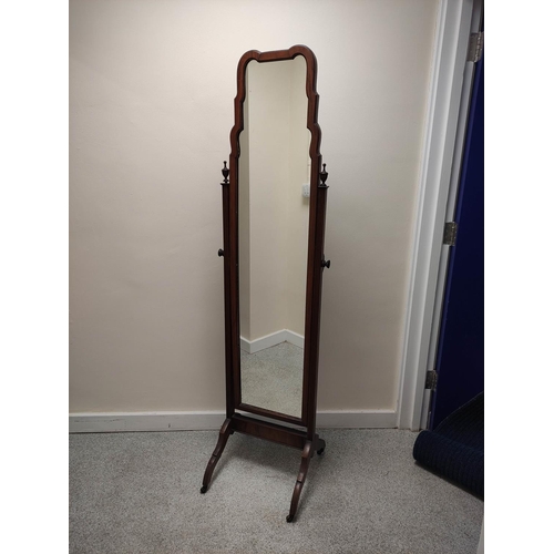 459 - Mahogany cheval mirror with shaped arched top, in the Queen Anne manner, upon reeded supports and sh... 