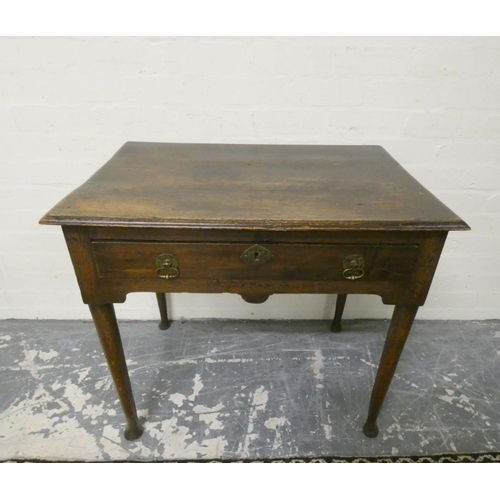 466 - 18th century joined oak side table, with single drawer with later split pin brass handles and escutc... 