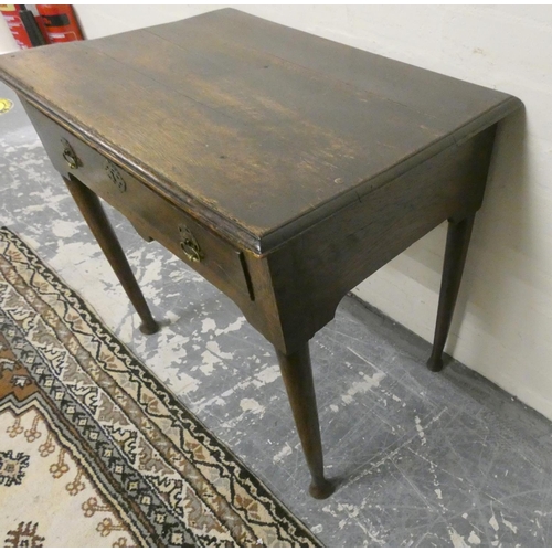 466 - 18th century joined oak side table, with single drawer with later split pin brass handles and escutc... 