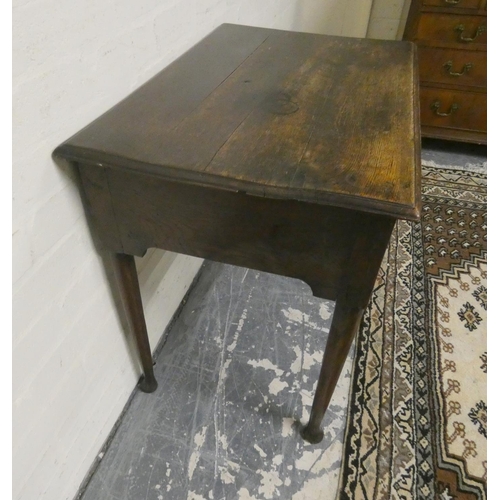 466 - 18th century joined oak side table, with single drawer with later split pin brass handles and escutc... 