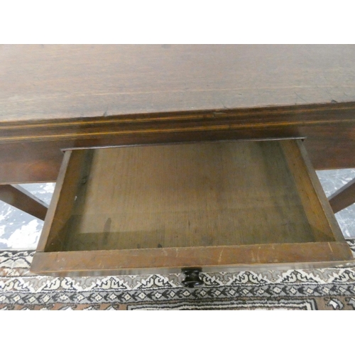 470 - Georgian inlaid mahogany tea table with fold over top above small drawer on tapered supports 75cm hi... 