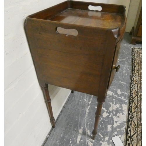 471 - Late 19th century mahogany pot cupboard with pierced tray top above single door and raised on turned... 