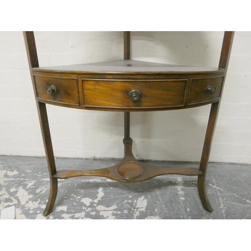 474 - Georgian mahogany bow-front corner washstand with raised half gallery top with circular aperture abo... 