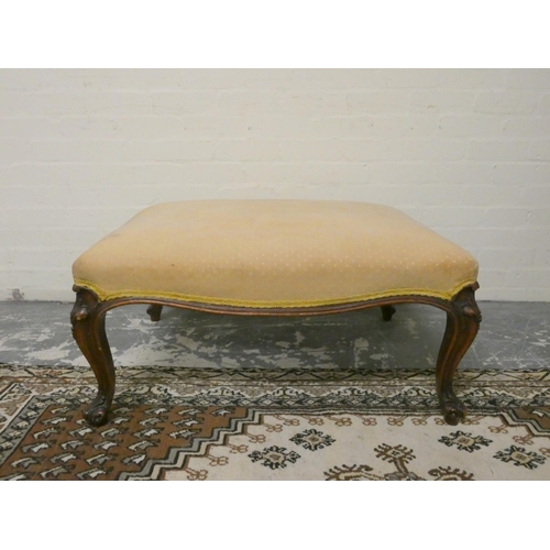 490 - Victorian French style walnut centre stool with later upholstered stuffover top on shaped sabre supp... 