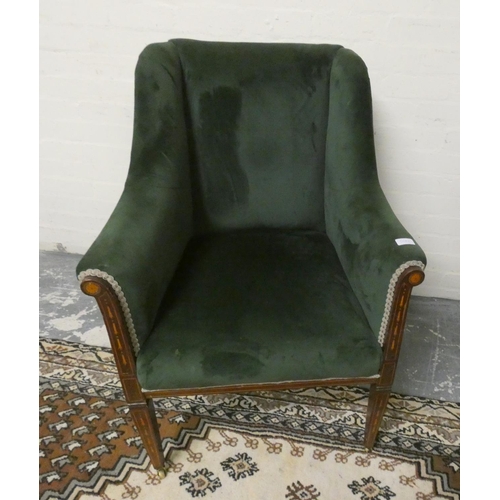 492 - Late 19th century inlaid mahogany drawing room armchair upholstered in later green velour, on tapere... 