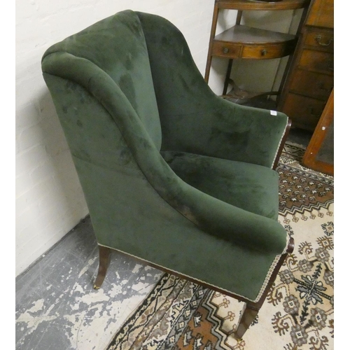 492 - Late 19th century inlaid mahogany drawing room armchair upholstered in later green velour, on tapere... 