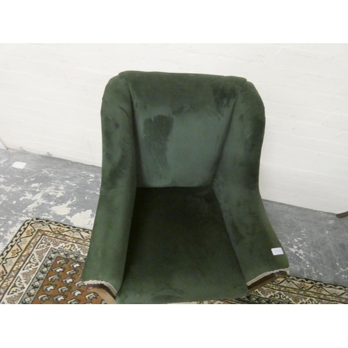 492 - Late 19th century inlaid mahogany drawing room armchair upholstered in later green velour, on tapere... 