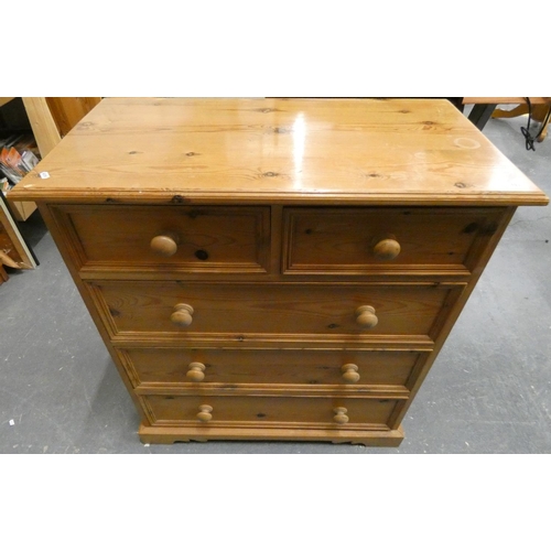 493 - Pine chest of two short and three long drawers.