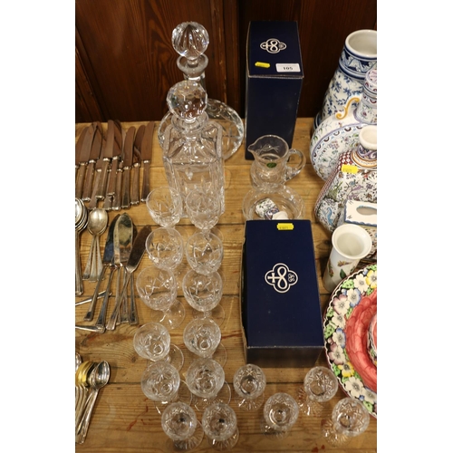 105 - Stuart Strathearn glass cream jug and sugar bowl, and a similar set of six liqueur glasses, both box... 