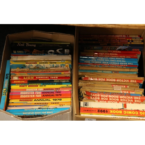 123 - Two boxes containing children's annuals to include Victor, The Bash Street Kids, Lion, Roy of the Ro... 