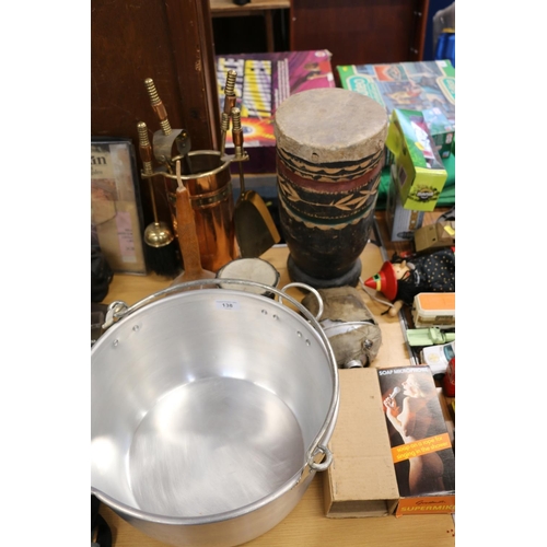 138 - Aluminium jelly pan, a copper and brass companion set, a nail work gourd, two drums, and a boxed soa... 