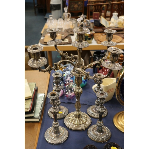 229 - Early 20th century silver-plated candelabra with four similar candlesticks.