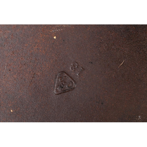 23 - Cast iron skillet pan, marked to base '13' and J D B within triangle, 32cm diameter.