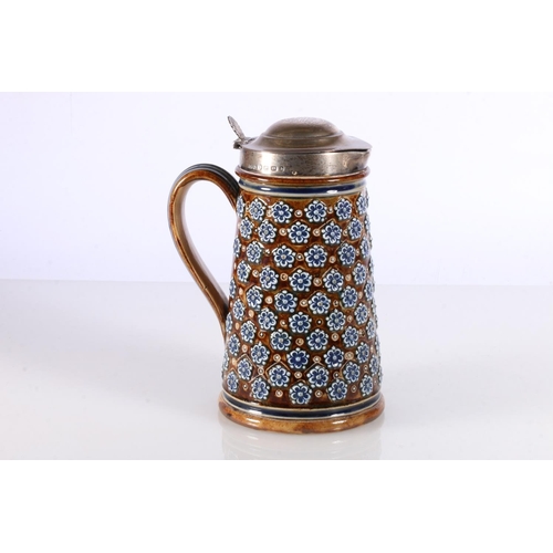 285 - Doulton Lambeth stoneware flagon with hallmarked silver hinged lid.