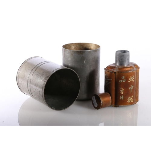 290 - Chinese pewter medicine jar and a Chinese painted metal tea caddy.