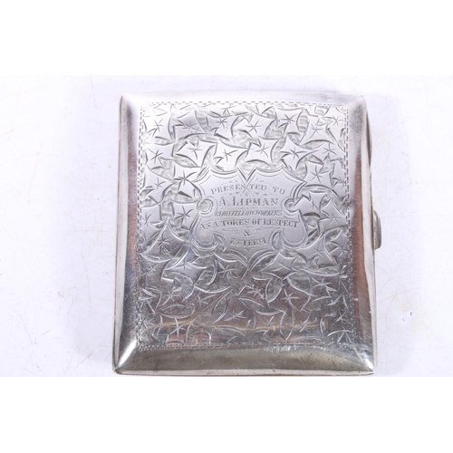 582 - Silver cigarette case with etched leaf decoration, personalised inscription to central cartouche and... 