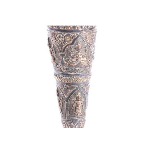 585 - Indian silver plated vase of trumpet shape with embossed Krishna decoration, H28cm