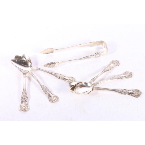 593 - Set of six Victorian Scottish Queens pattern silver teaspoons and matching sugar tongs, makers 'RD',... 