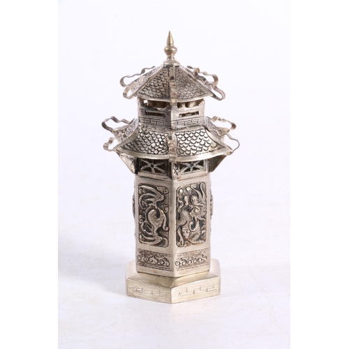 600 - Chinese white metal vesta case or incense holder in the form of a Pagoda, H9cm